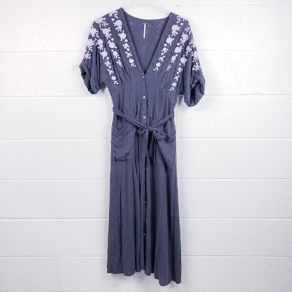 FREE PEOPLE Love to Love You Gray Embroidered Boho Floral Button‎ Midi Dress SM